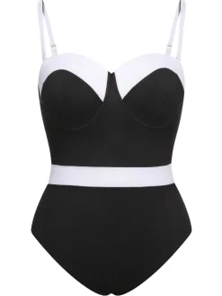 Best Retro Stage [Plus Size] & White 1950s Patchwork Strap Swimsuit Black
