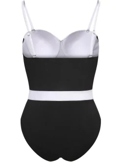 Best Retro Stage [Plus Size] & White 1950s Patchwork Strap Swimsuit Black