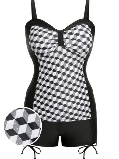 Discount Retro Stage [Plus Size] & White 1960s Geometric Lace-Up Swimsuit Black