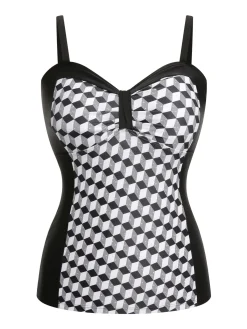 Discount Retro Stage [Plus Size] & White 1960s Geometric Lace-Up Swimsuit Black