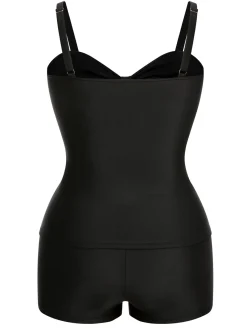 Discount Retro Stage [Plus Size] & White 1960s Geometric Lace-Up Swimsuit Black