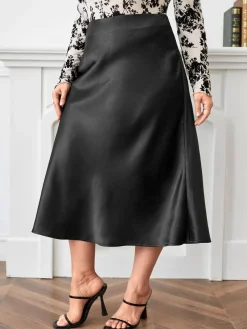 Hot Retro Stage [Plus Size] 1950s A-Line Satin Skirt Black