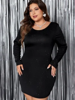 Hot Retro Stage [Plus Size] 1970s Back Deep V Dress Black