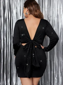 Hot Retro Stage [Plus Size] 1970s Back Deep V Dress Black