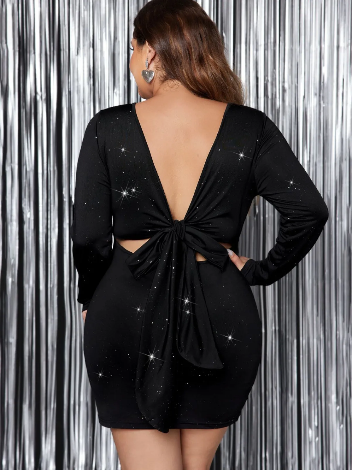 Hot Retro Stage [Plus Size] 1970s Back Deep V Dress Black