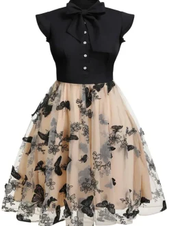 Sale Retro Stage [Plus Size] 1950s Butterfly Patchwork Vintage Dress Black