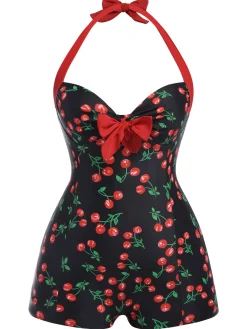 Clearance Retro Stage [Plus Size] Black 1960s Cherry One-Piece Swimsuit Red