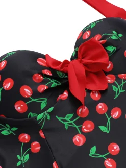 Clearance Retro Stage [Plus Size] Black 1960s Cherry One-Piece Swimsuit Red