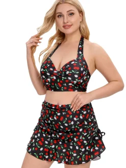 Best Retro Stage [Plus Size] 1930s Cherry Halter Swimsuit Black