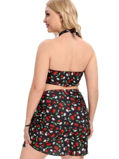 Best Retro Stage [Plus Size] 1930s Cherry Halter Swimsuit Black