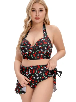 Best Retro Stage [Plus Size] 1930s Cherry Halter Swimsuit Black