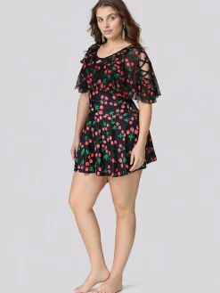 Outlet Retro Stage [Plus Size] 1930s Cherry Skirt Swimsuit Black