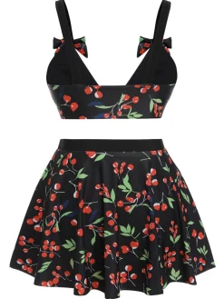Fashion Retro Stage [Plus Size] 1950s Cherry Bow V-Neck Swimsuit Black