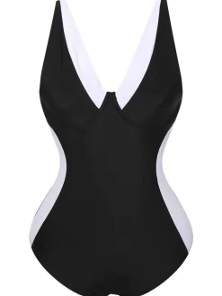 Sale Retro Stage [Plus Size] 1930s Contrast One-Piece Swimsuit Black