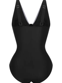 Sale Retro Stage [Plus Size] 1930s Contrast One-Piece Swimsuit Black