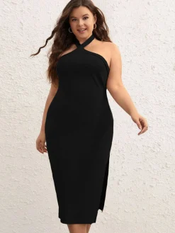 Fashion Retro Stage [Plus Size] 1960s Cross Halter Dress Black