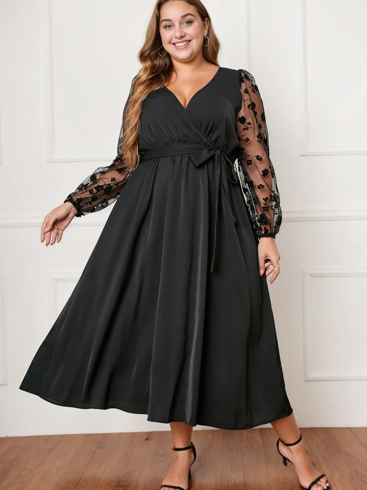 Sale Retro Stage [Plus Size] 1950s Floral Mesh Sleeves Dress Black
