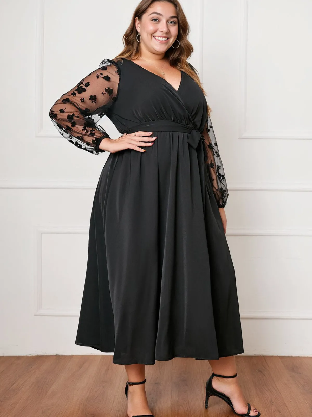 Sale Retro Stage [Plus Size] 1950s Floral Mesh Sleeves Dress Black