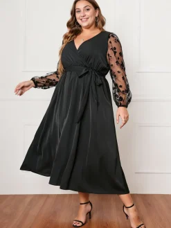 Sale Retro Stage [Plus Size] 1950s Floral Mesh Sleeves Dress Black