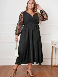 Sale Retro Stage [Plus Size] 1950s Floral Mesh Sleeves Dress Black