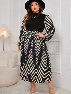 Best Retro Stage [Plus Size] 1950s Geometric Print Patchwork Dress Black