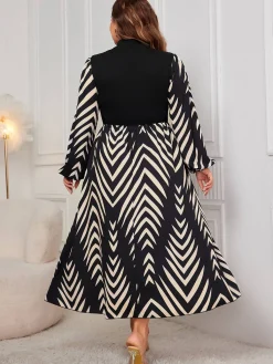 Best Retro Stage [Plus Size] 1950s Geometric Print Patchwork Dress Black