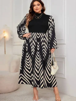 Best Retro Stage [Plus Size] 1950s Geometric Print Patchwork Dress Black