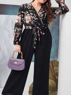 Sale Retro Stage [Plus Size] 1930s High-Waist Straight Belted Jumpsuit Black