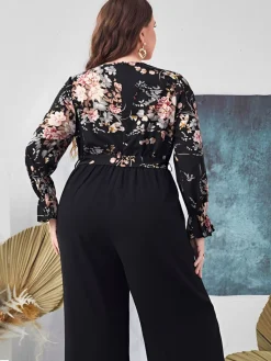 Sale Retro Stage [Plus Size] 1930s High-Waist Straight Belted Jumpsuit Black