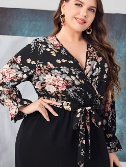 Sale Retro Stage [Plus Size] 1930s High-Waist Straight Belted Jumpsuit Black