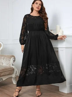 Outlet Retro Stage [Plus Size] 1940s Long Sleeve Solid Lace Dress Black