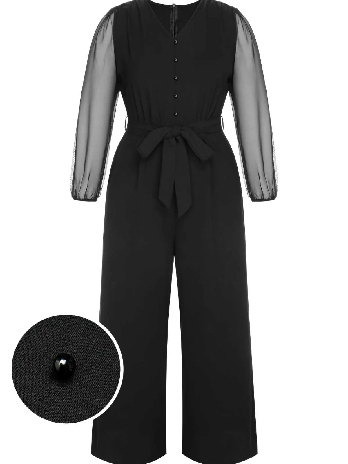 Best Retro Stage [Plus Size] 1930s Mesh Lantern Sleeve Belted Jumpsuit Black
