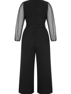 Best Retro Stage [Plus Size] 1930s Mesh Lantern Sleeve Belted Jumpsuit Black