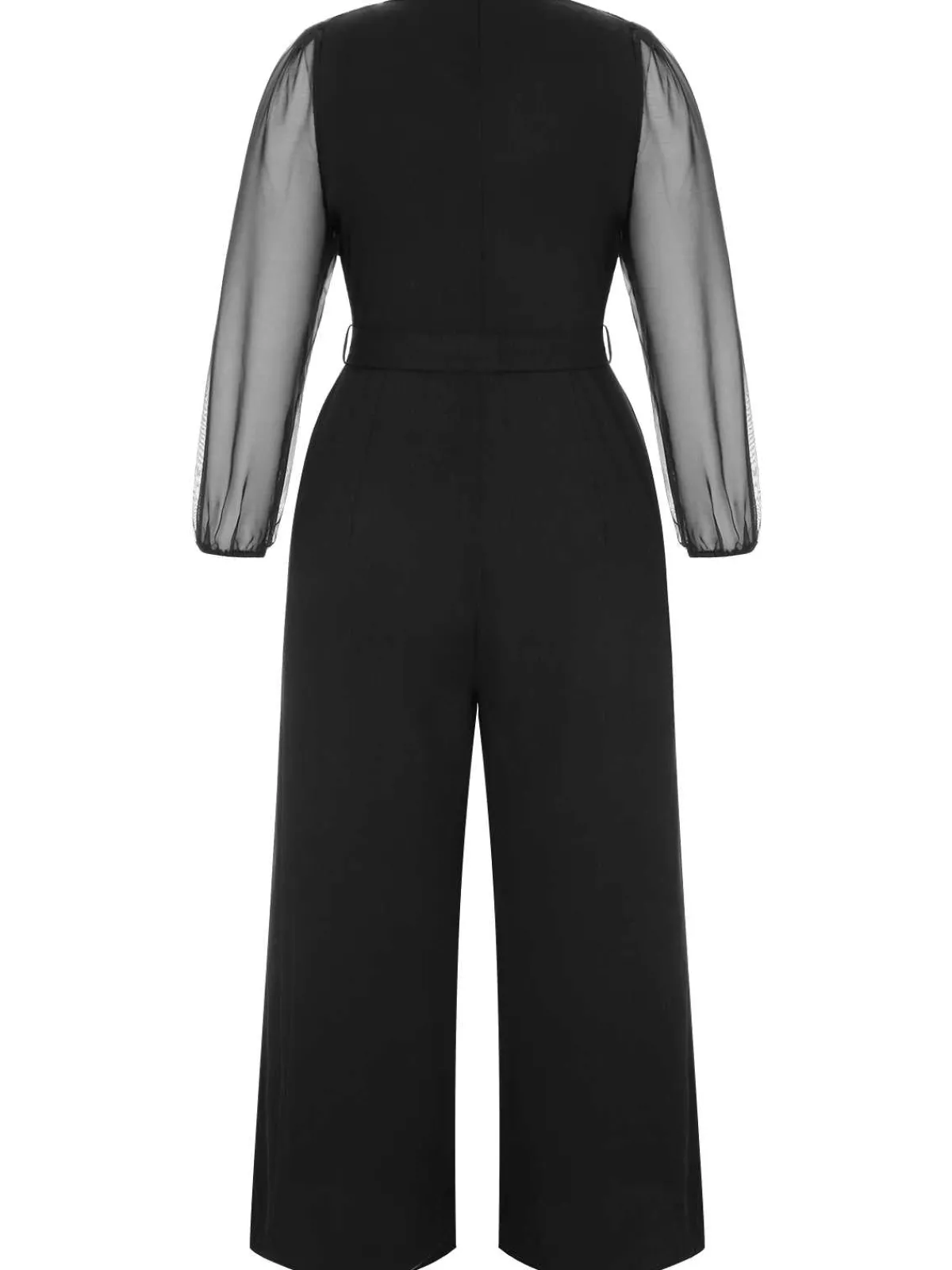 Best Retro Stage [Plus Size] 1930s Mesh Lantern Sleeve Belted Jumpsuit Black
