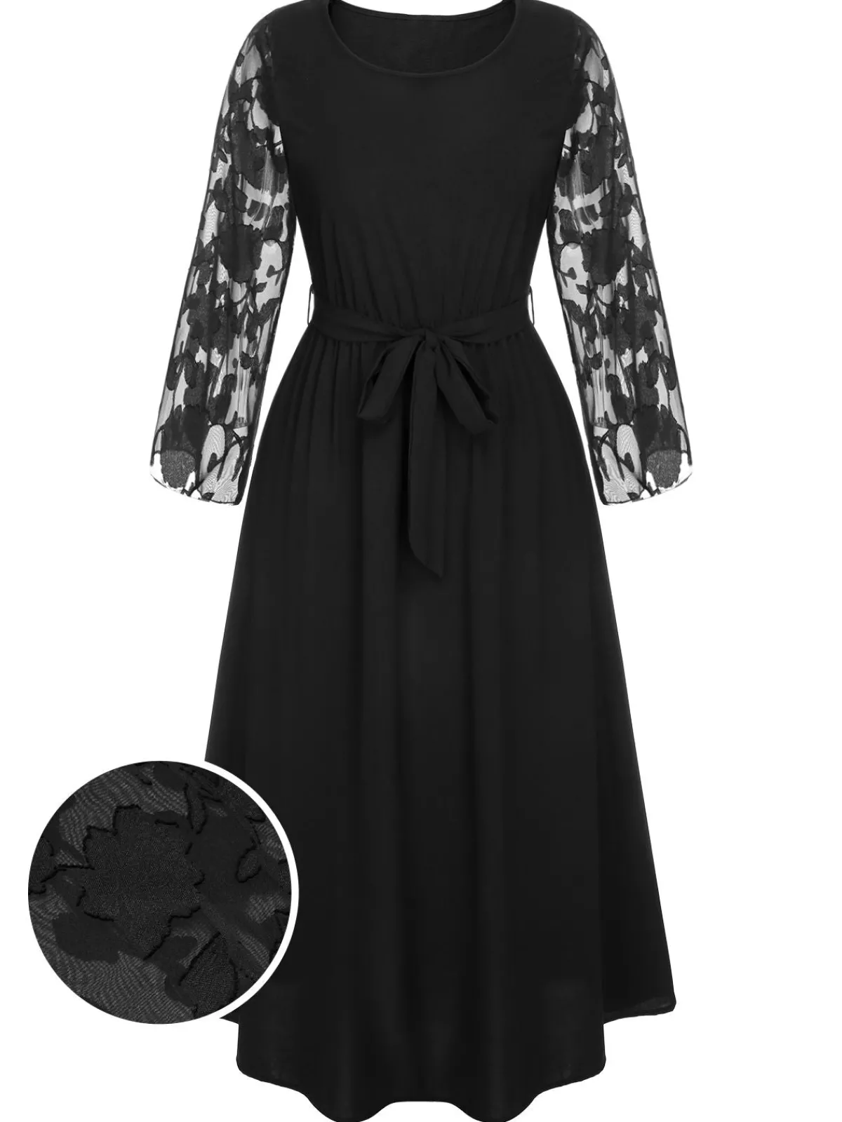 New Retro Stage [Plus Size] 1930s Mesh Rose Patchwork Dress Black