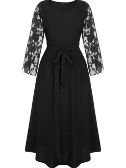 New Retro Stage [Plus Size] 1930s Mesh Rose Patchwork Dress Black