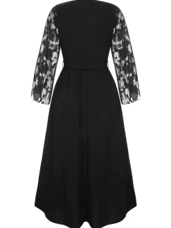 New Retro Stage [Plus Size] 1930s Mesh Rose Patchwork Dress Black