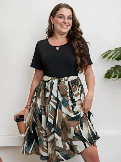 Hot Retro Stage [Plus Size] 1950s Patchwork Swing Dress Black
