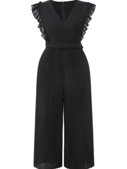 Fashion Retro Stage [Plus Size] 1930s Ruffle V-Neck Pleated Jumpsuit Black
