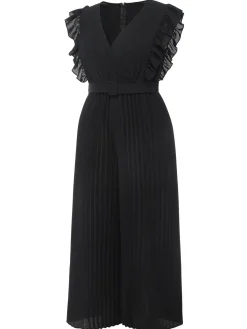 Fashion Retro Stage [Plus Size] 1930s Ruffle V-Neck Pleated Jumpsuit Black