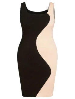 New Retro Stage [Plus Size] 1960s Scoop Neck Colorblock Bodycon Dress Black