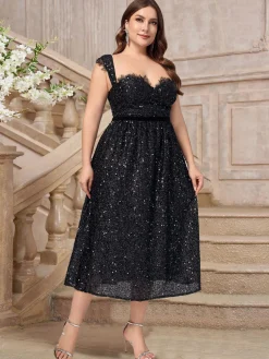 Fashion Retro Stage [Plus Size] 1940s Sequined Lace Sweetheart Neck Dress Black