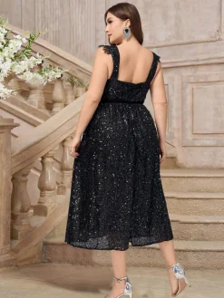 Fashion Retro Stage [Plus Size] 1940s Sequined Lace Sweetheart Neck Dress Black