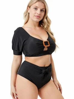 Best Retro Stage [Plus Size] 1960s Solid Hollow Puff Swimsuit Black