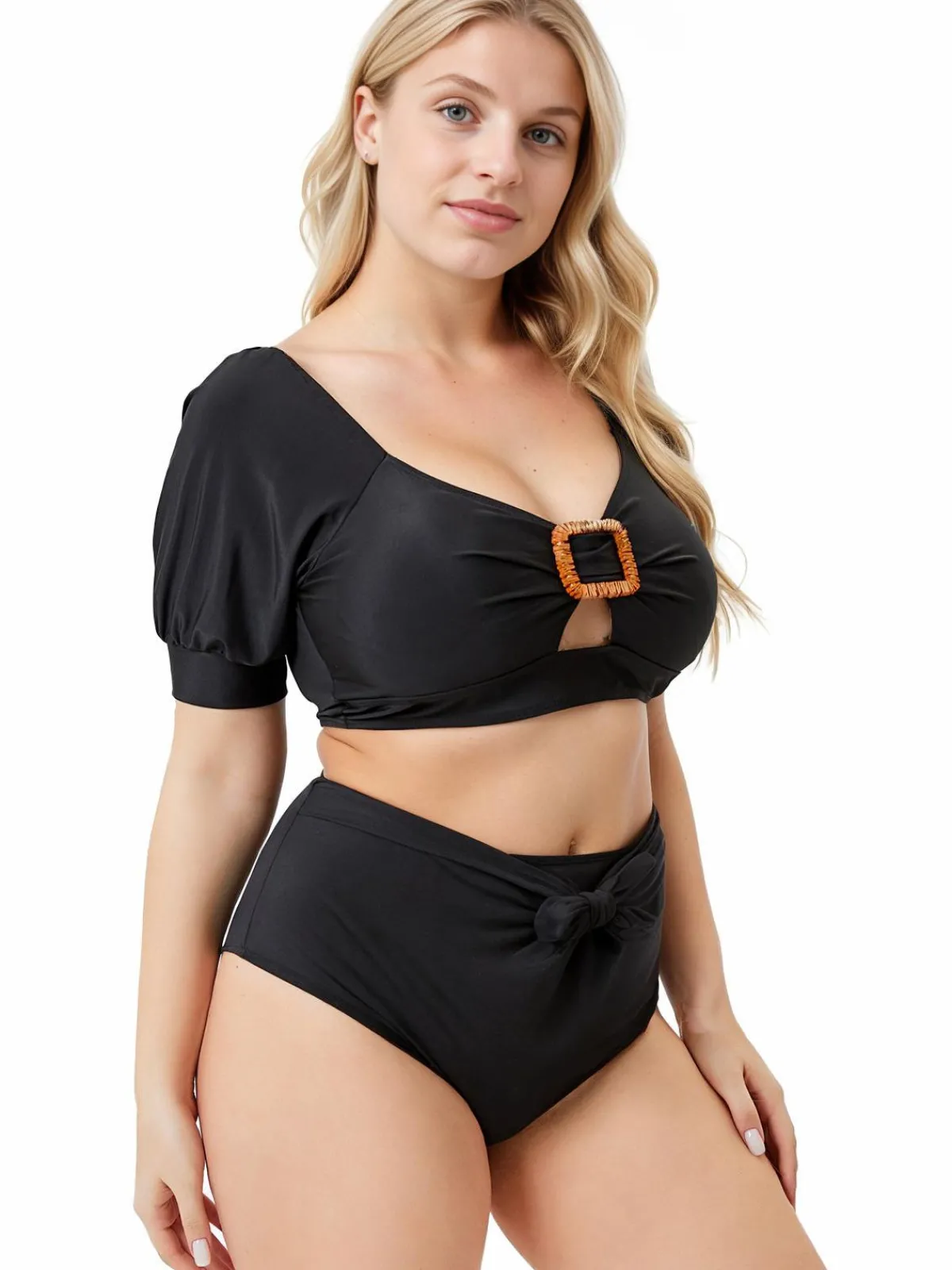 Best Retro Stage [Plus Size] 1960s Solid Hollow Puff Swimsuit Black