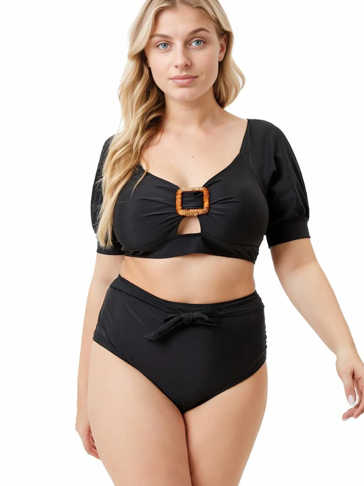 Best Retro Stage [Plus Size] 1960s Solid Hollow Puff Swimsuit Black