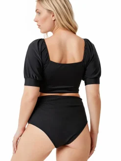 Best Retro Stage [Plus Size] 1960s Solid Hollow Puff Swimsuit Black