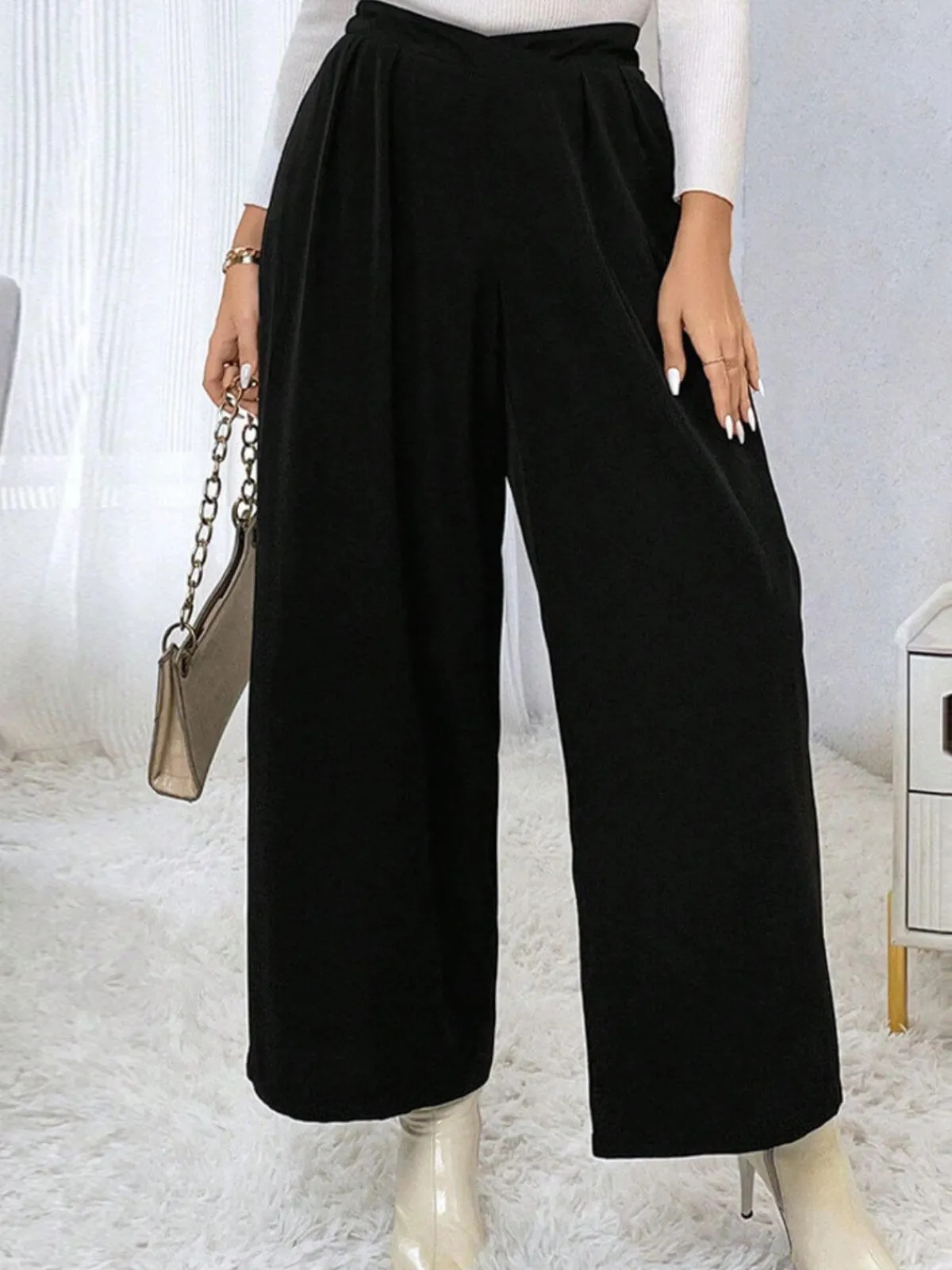 Fashion Retro Stage [Plus Size] 1940s Solid Pleated Waist Straight Pants Black