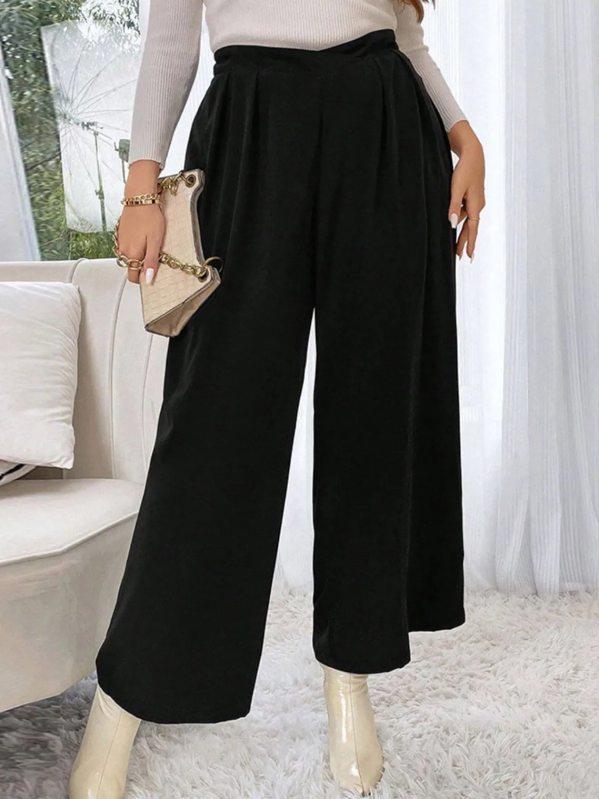 Fashion Retro Stage [Plus Size] 1940s Solid Pleated Waist Straight Pants Black