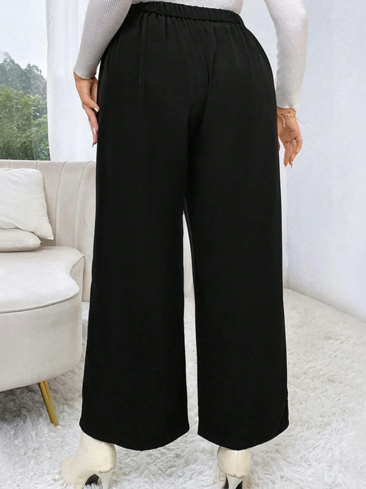 Fashion Retro Stage [Plus Size] 1940s Solid Pleated Waist Straight Pants Black